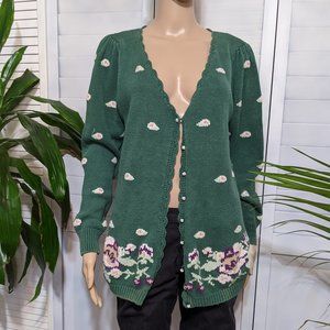 Vintage Green Embroidered Cardigan Pearl Buttons